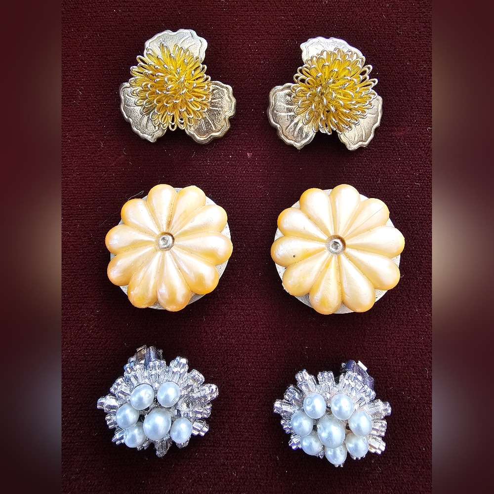 GUC Lot of 3 Vintage Clip On Earrings: Faux Pearl and Rhinestone